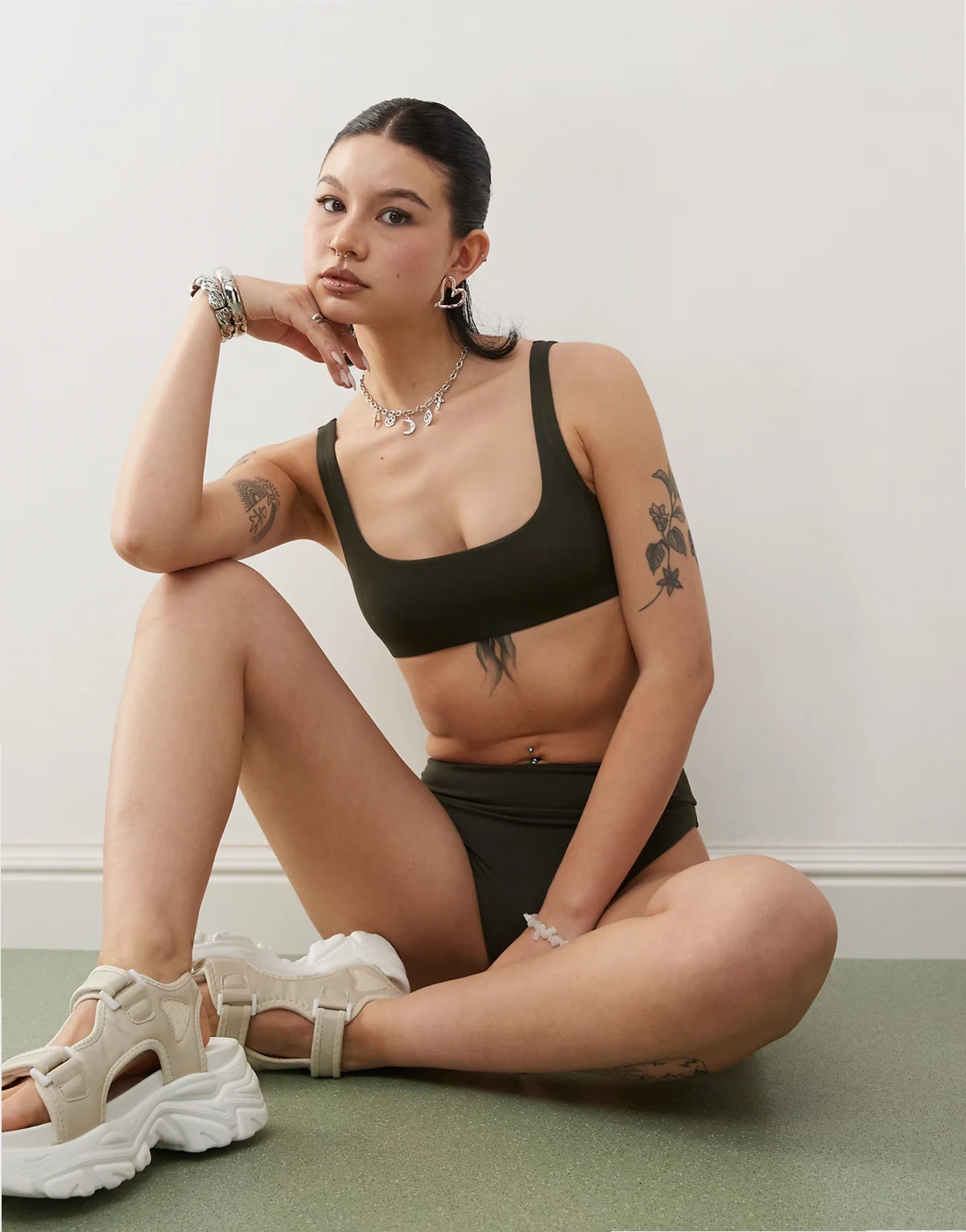Sand mix & match scoop neck bikini top in dark green exclusive to ASOS