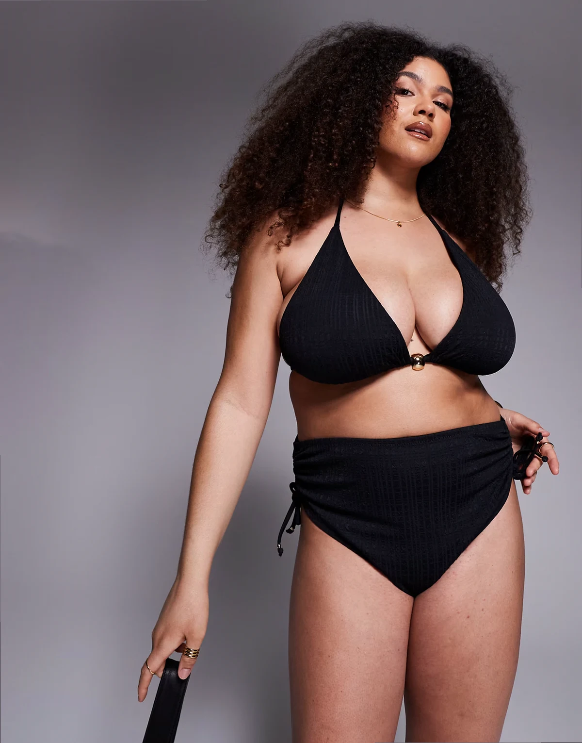 ASOS DESIGN Curve Tayla high apex triangle bikini top with gold bead trim in black