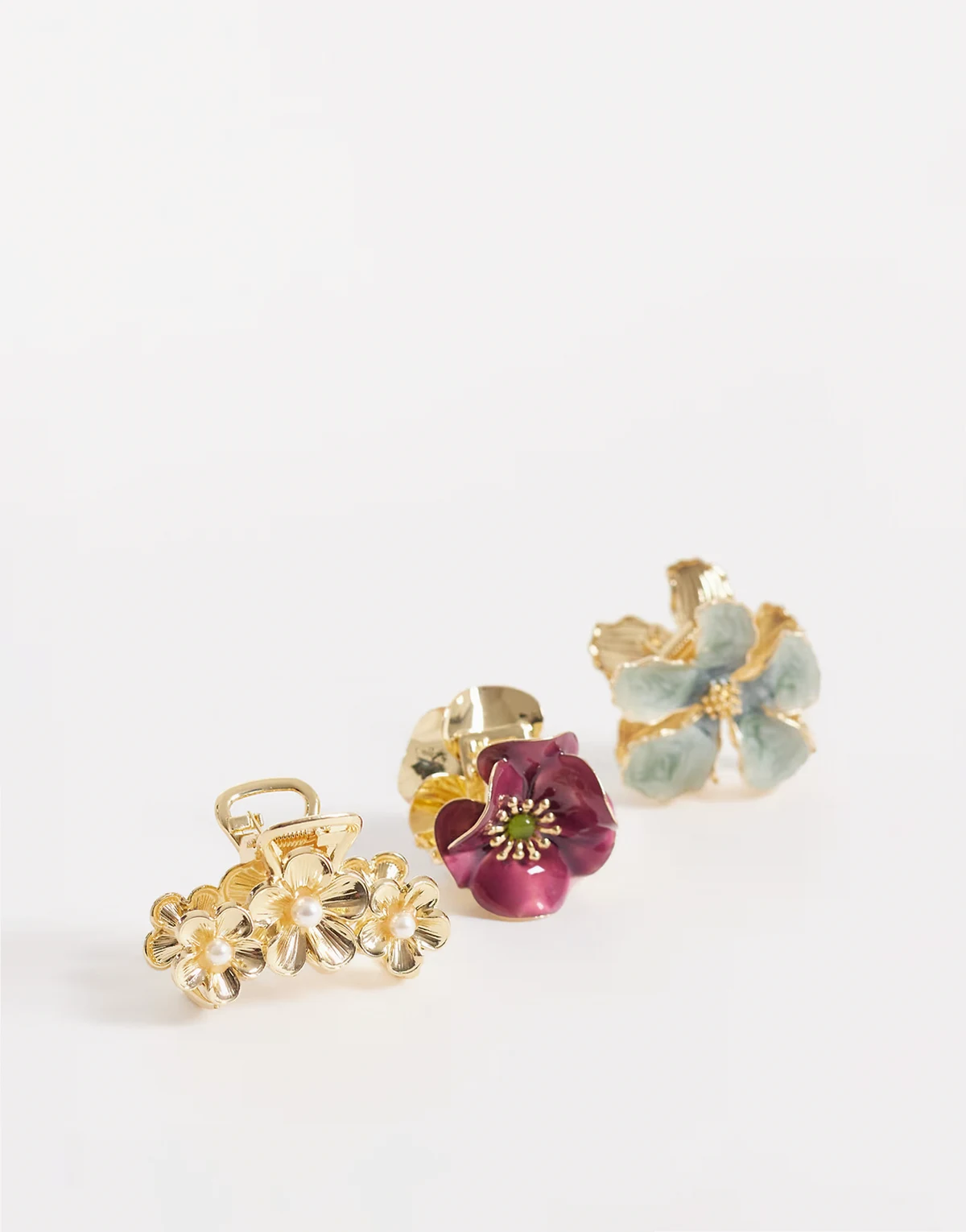 3 pack metal enamel floral hair claw clips in gold