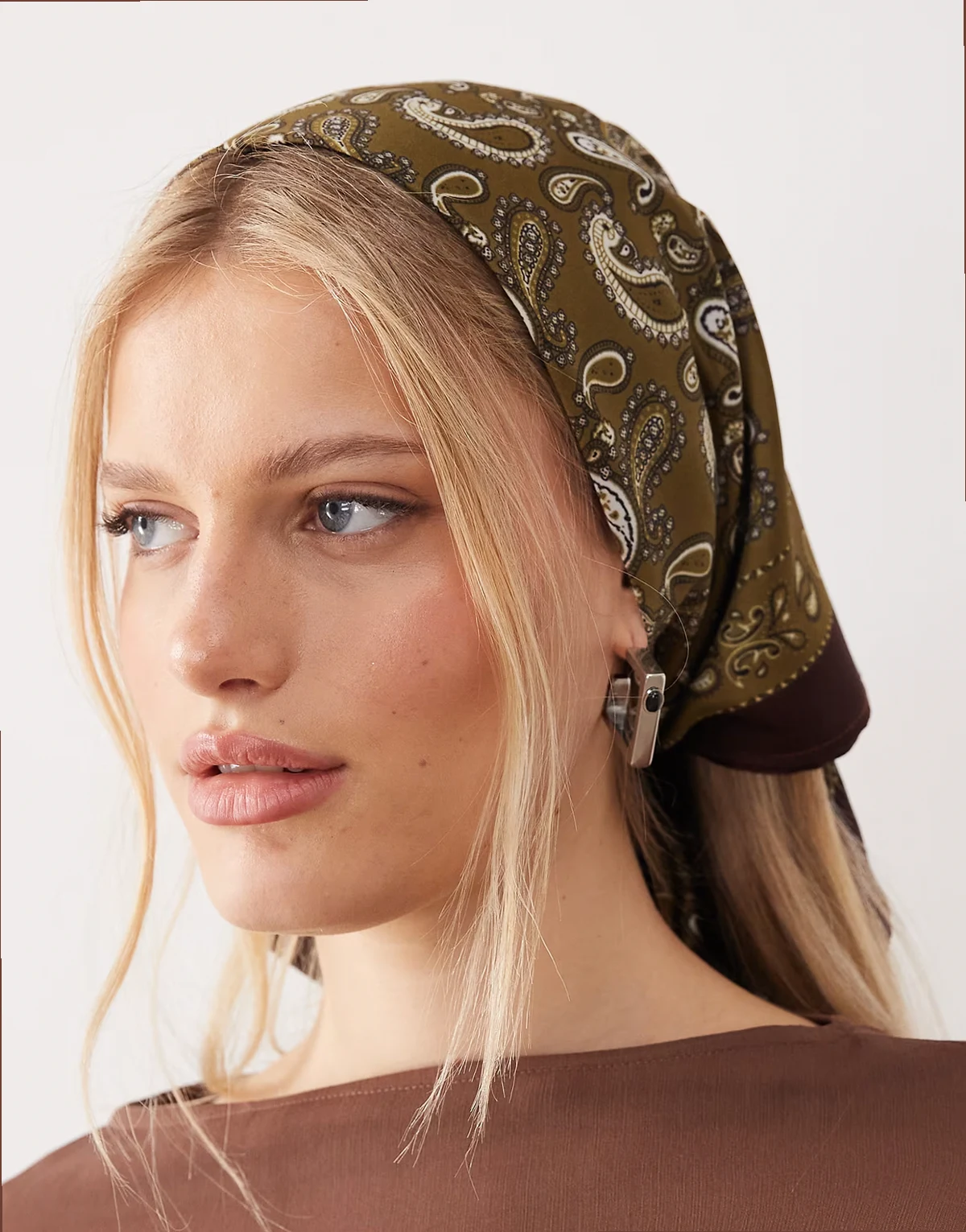 bandana print headscarf in green & chocolate