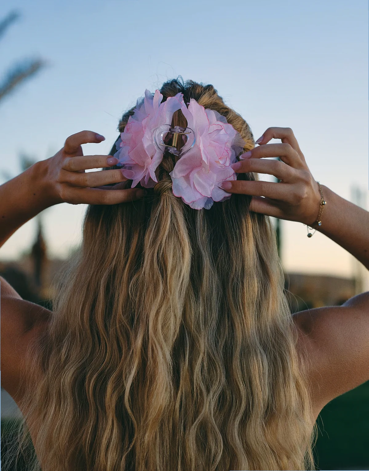 x Liv Silverman fabric flower hair claw clip in pink and orange