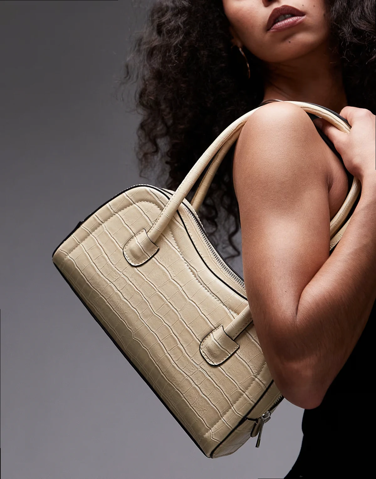 Simba structured shoulder bag in buttermilk croc