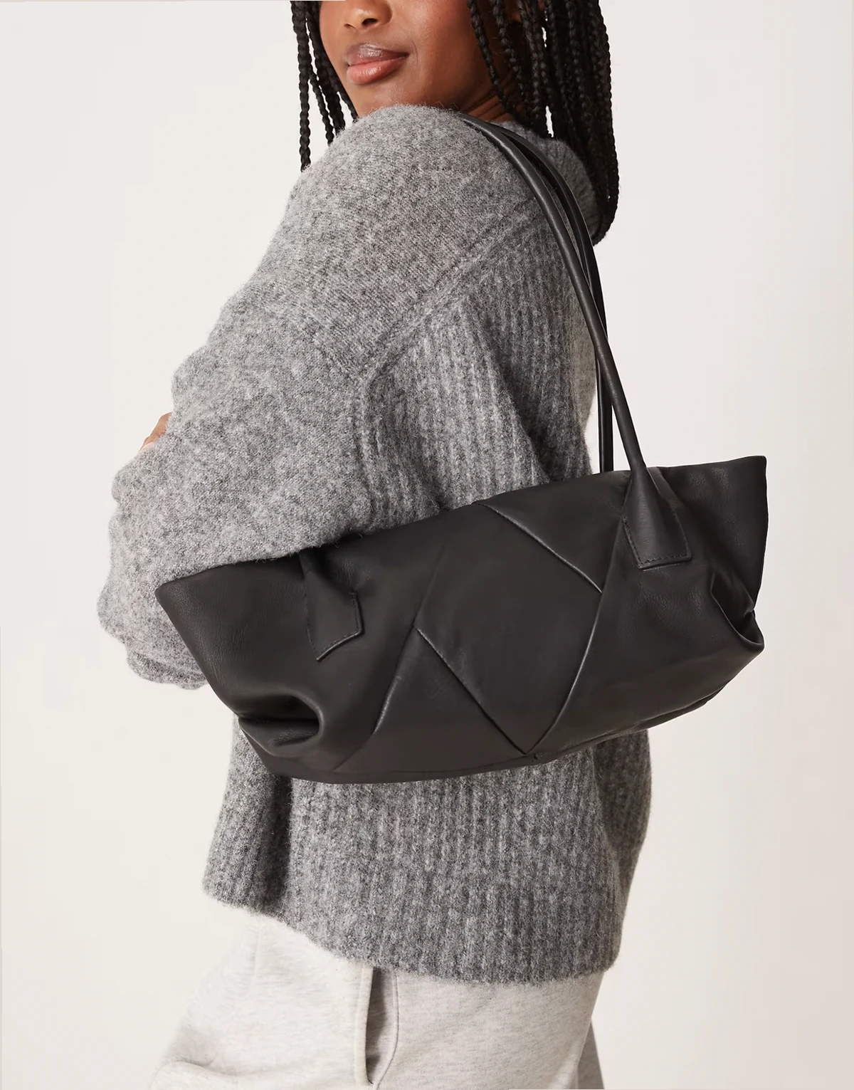 leather woven elongated tote bag in black