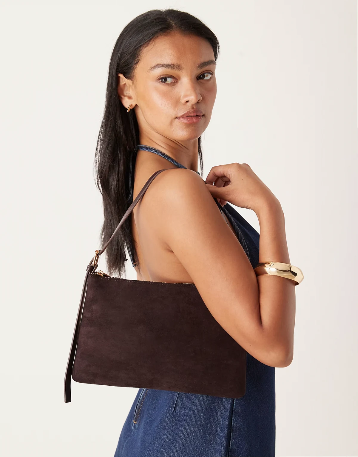 faux suede shoulder bag with side buckle strap in plum