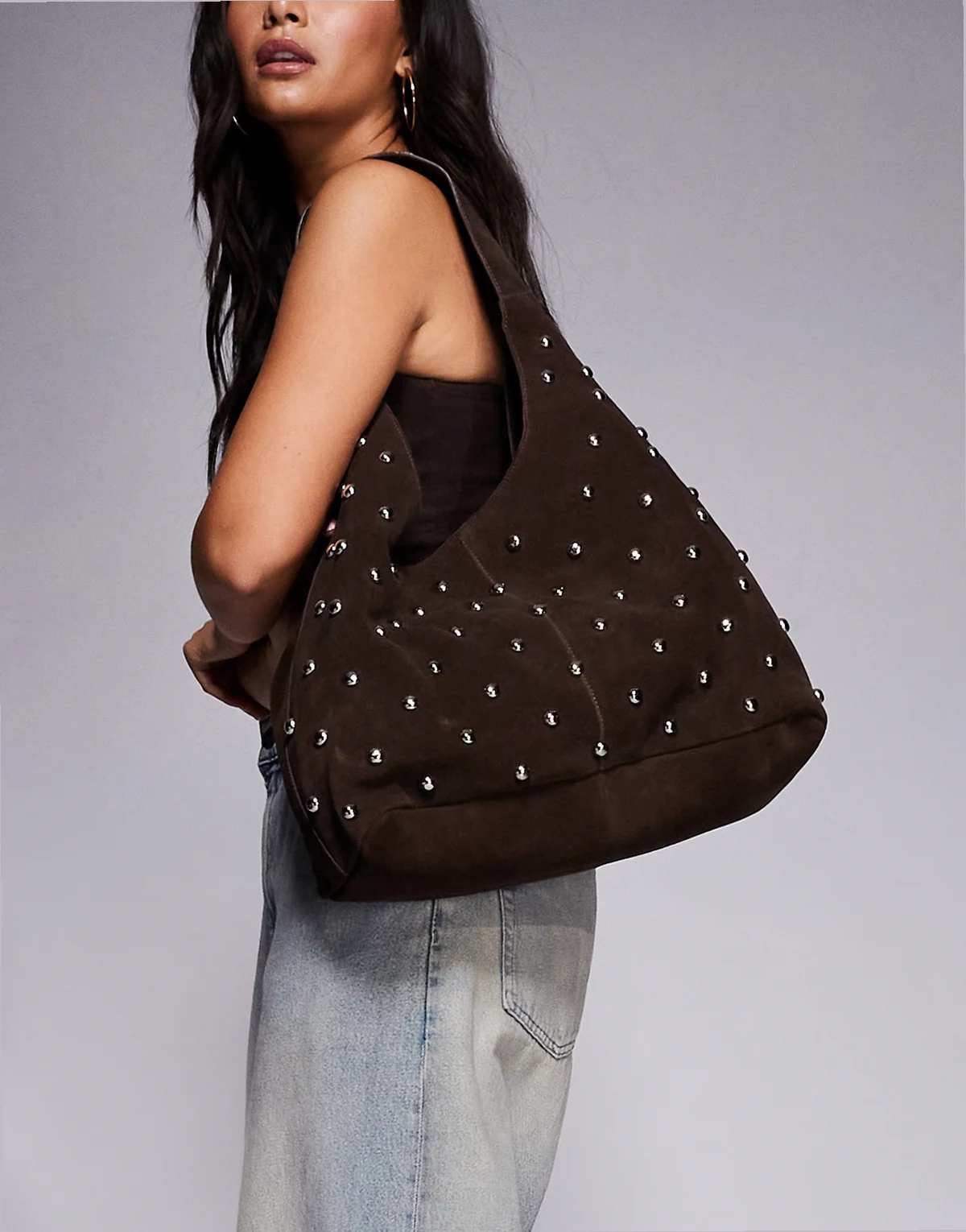 studded suede slouch bag in dark brown