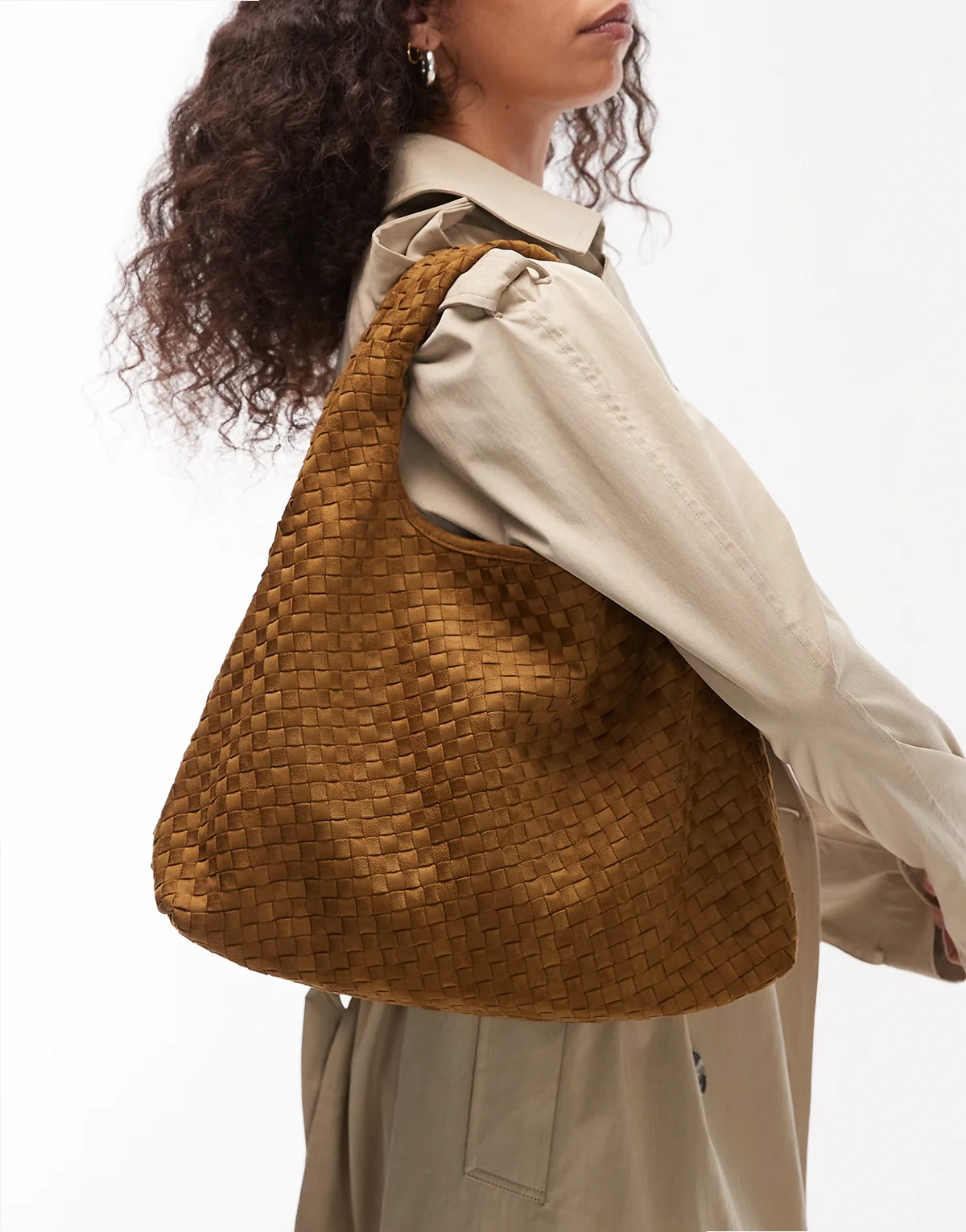 Lara faux suede large woven shoulder bag in olive green