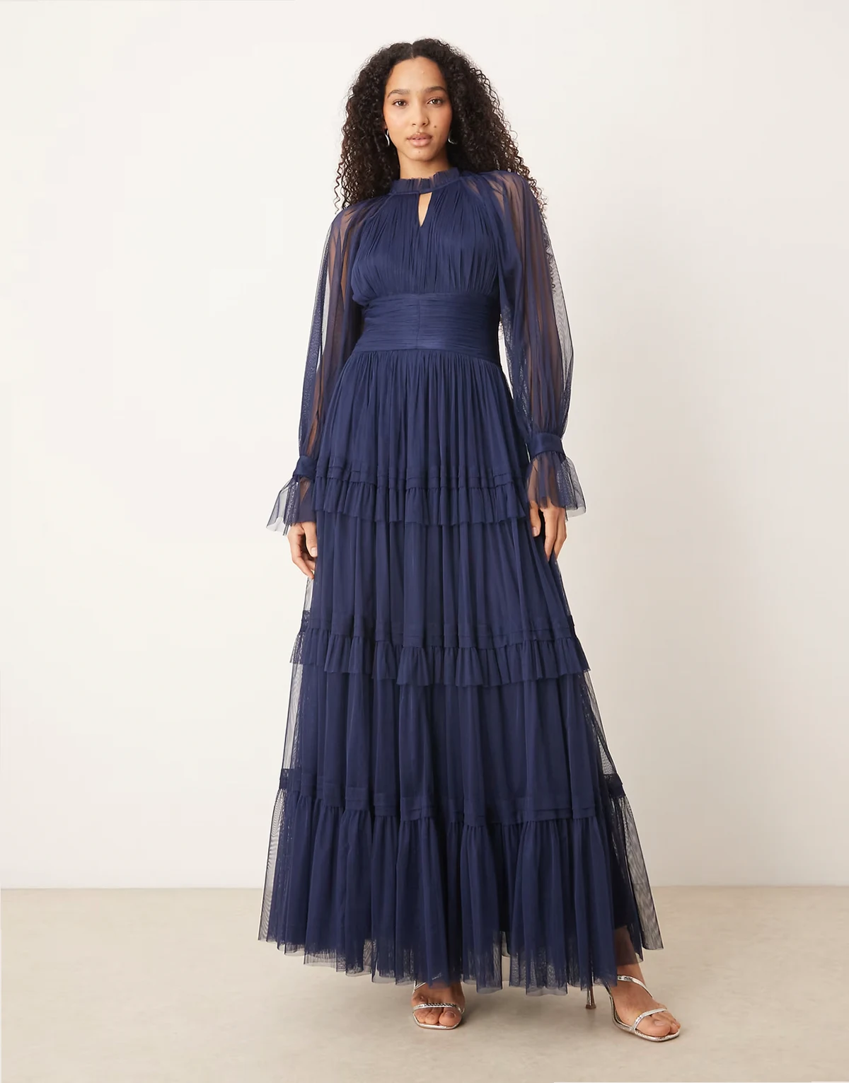 Rosalia tulle sheer bell sleeve tiered maxi dress in navy