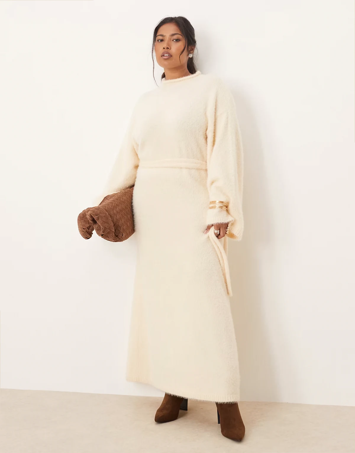 fluffy tie waist knit midaxi sweater dress in cream
