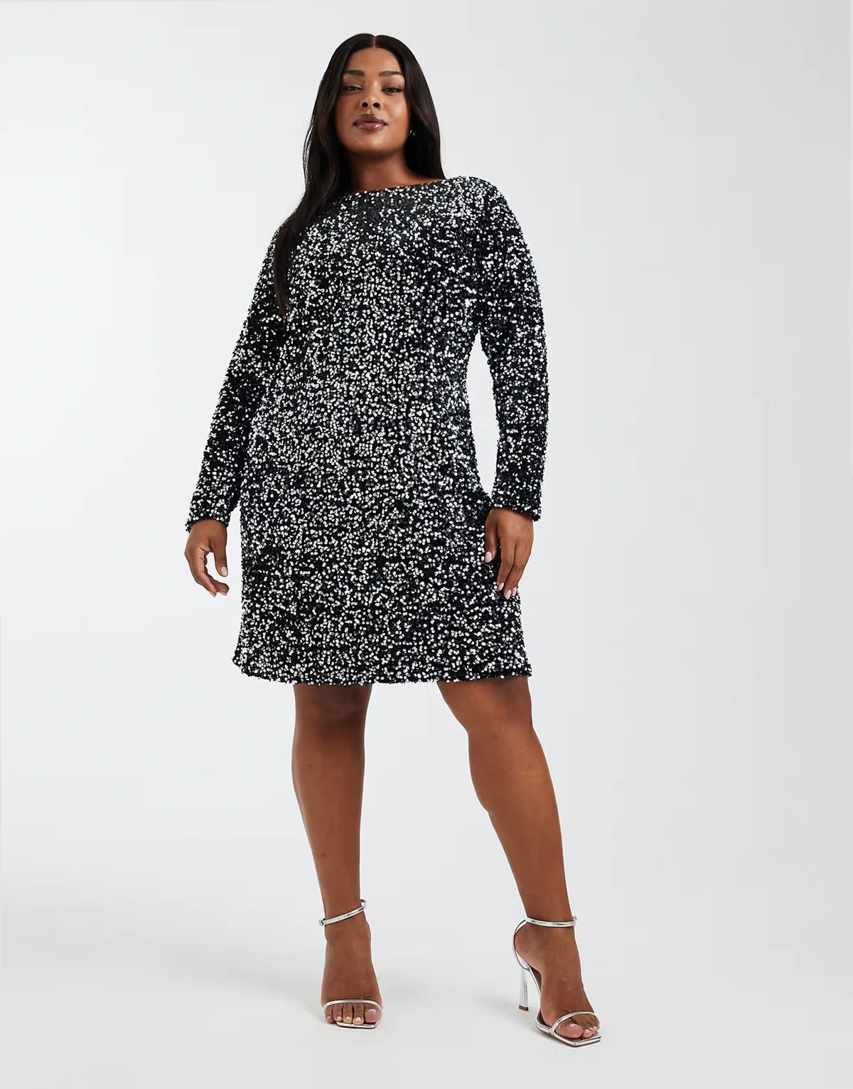 textured sequin dress in black and silver