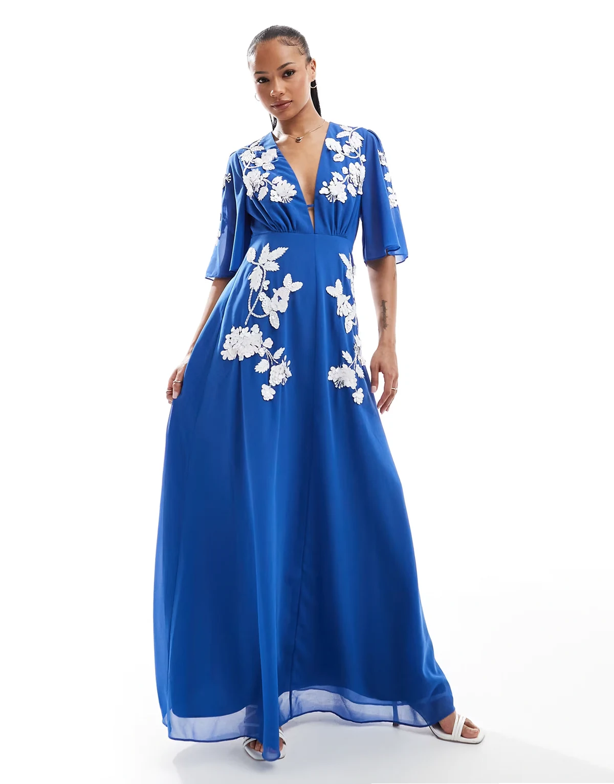 plunge front embellished maxi dress in blue