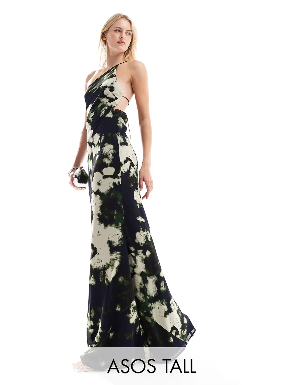 ASOS DESIGN Tall – One-Shoulder-Maxikleid in Schwarz mit abstraktem Print und Rückenausschnitt