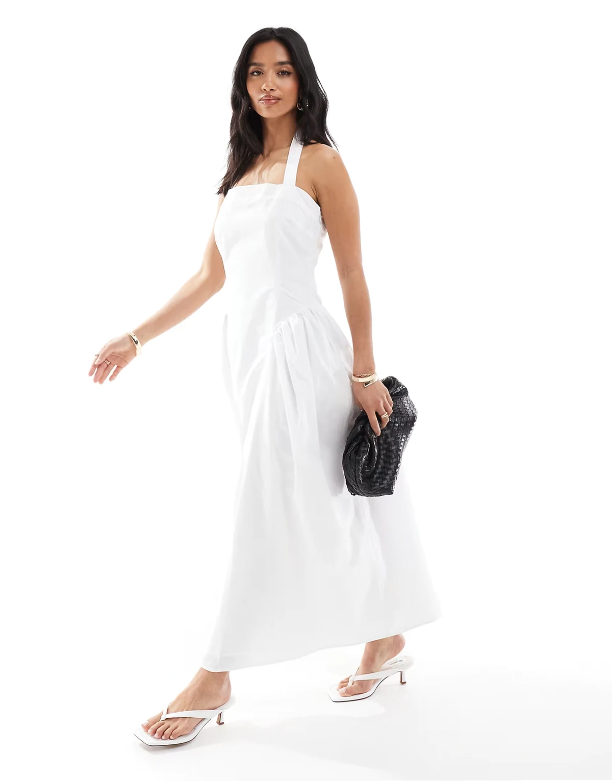 poplin square neck halterneck drop waist puff skirt maxi dress in white
