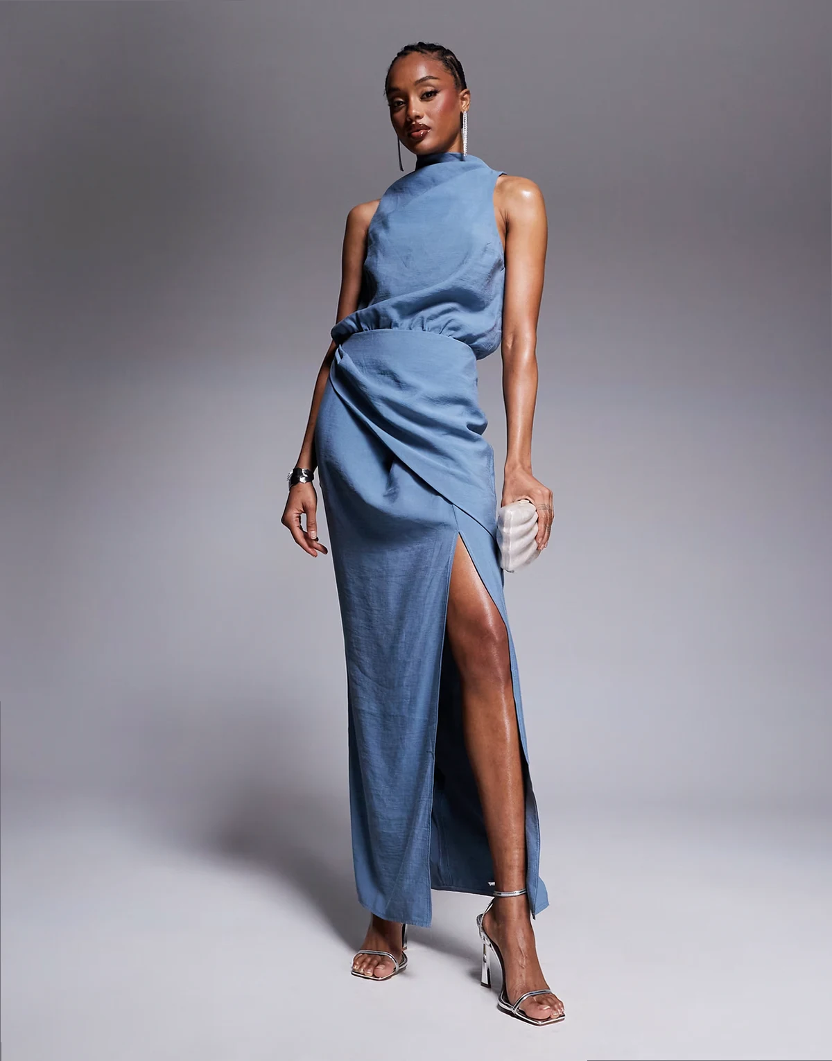 ASOS DESIGN Tall – Hochgeschlossenes Maxi-Wickelkleid in Rauchblau