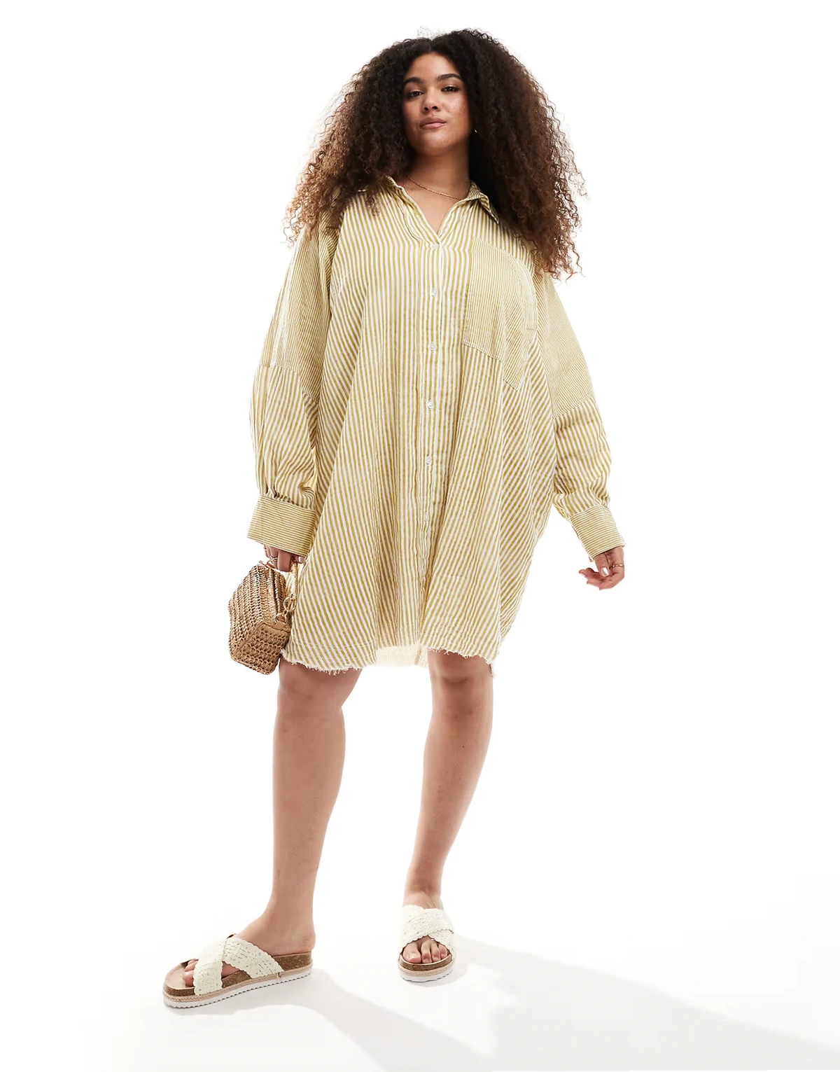 ASOS DESIGN Curve – Sukienka koszulowa mini o luźnym kroju z rozcięciem w spranym limonkowym kolorze w mieszane paski
