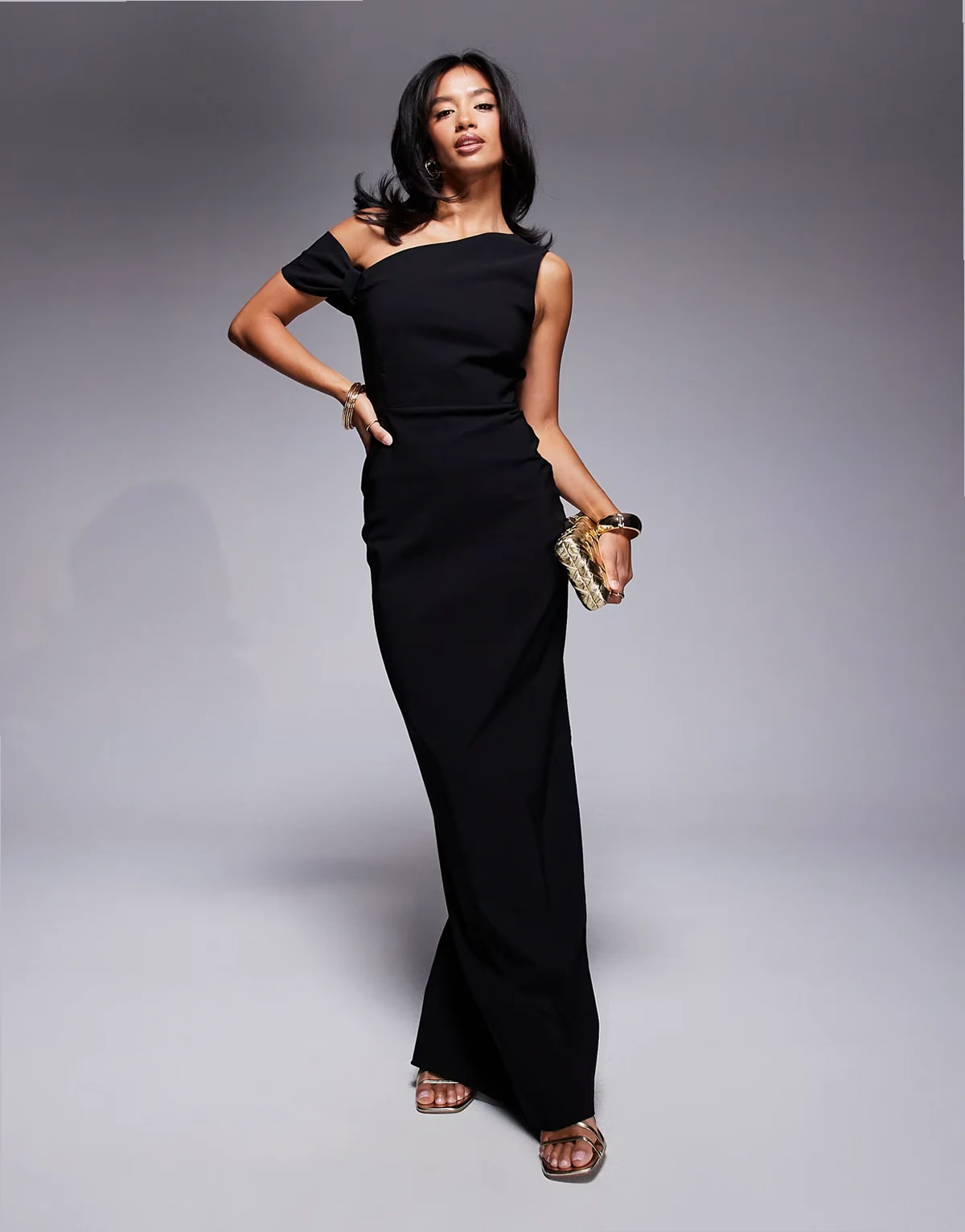 – Bengaline-Maxikleid in Bodycon-Passform in Schwarz mit Knotendetail und One-Shoulder-Träger