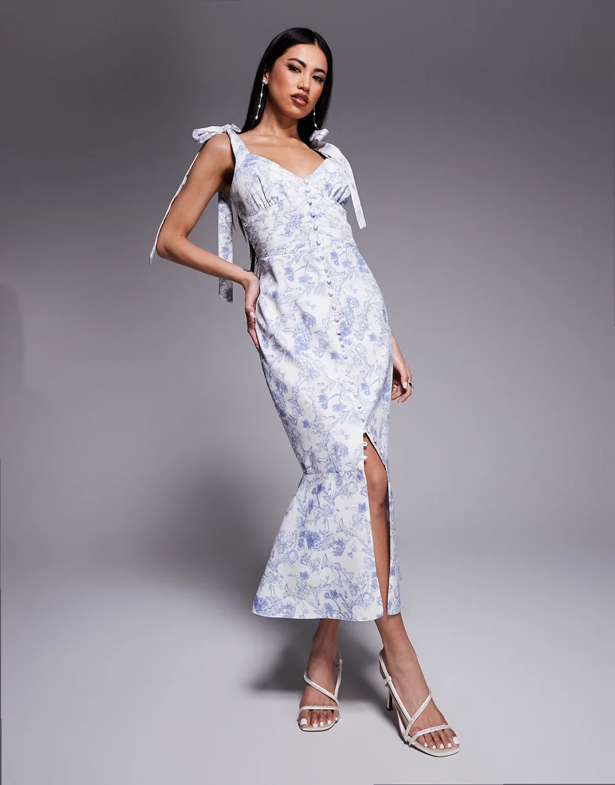 satin tie strap micro button midi dress in blue porcelain print