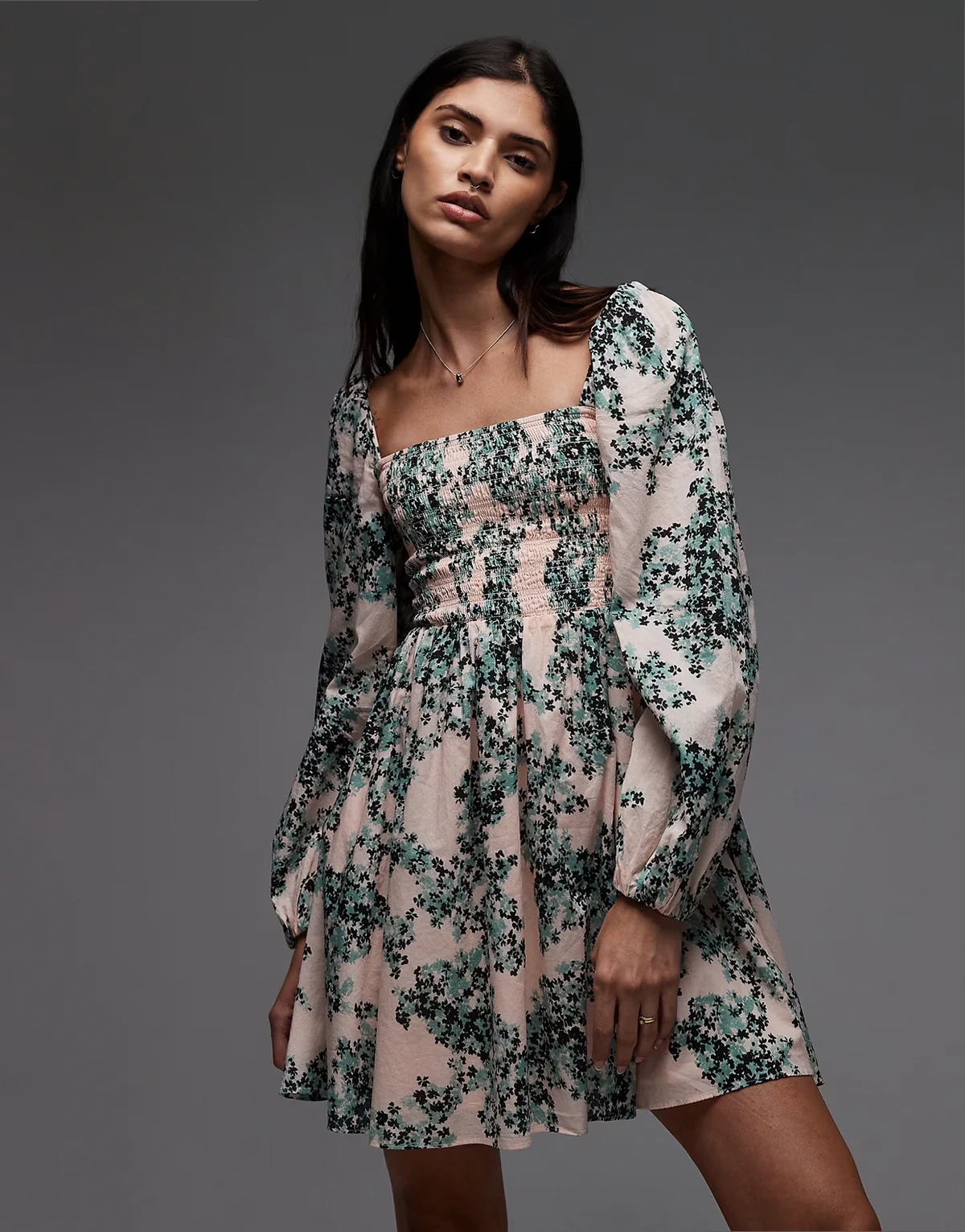 square neck mini dress with shirred bodice and peep cut-out back in floral print