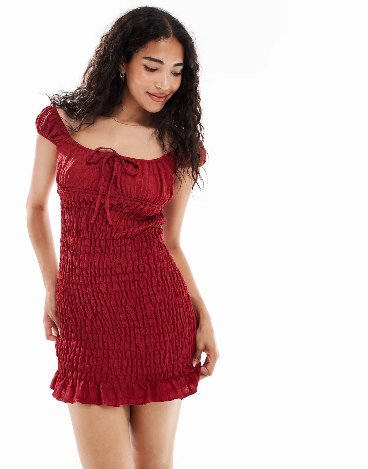 shirred milkmaid style mini dress with frilled hem in red