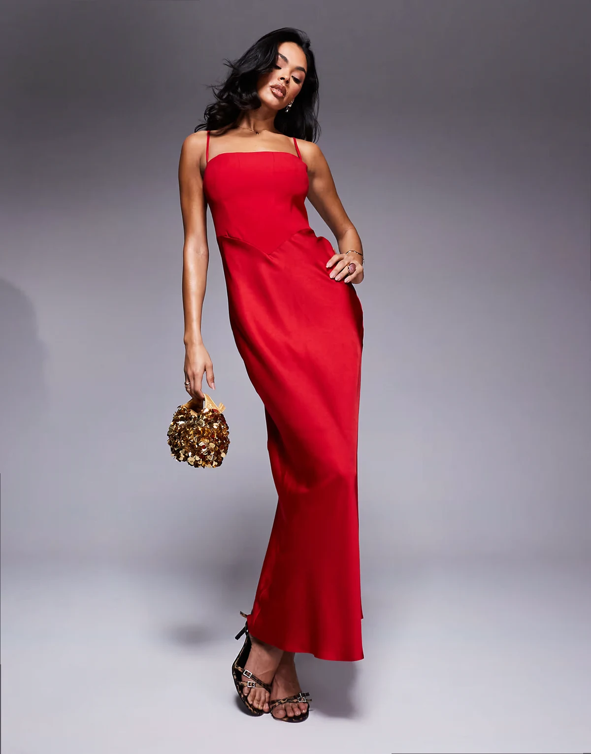 square neck corset maxi dress in red