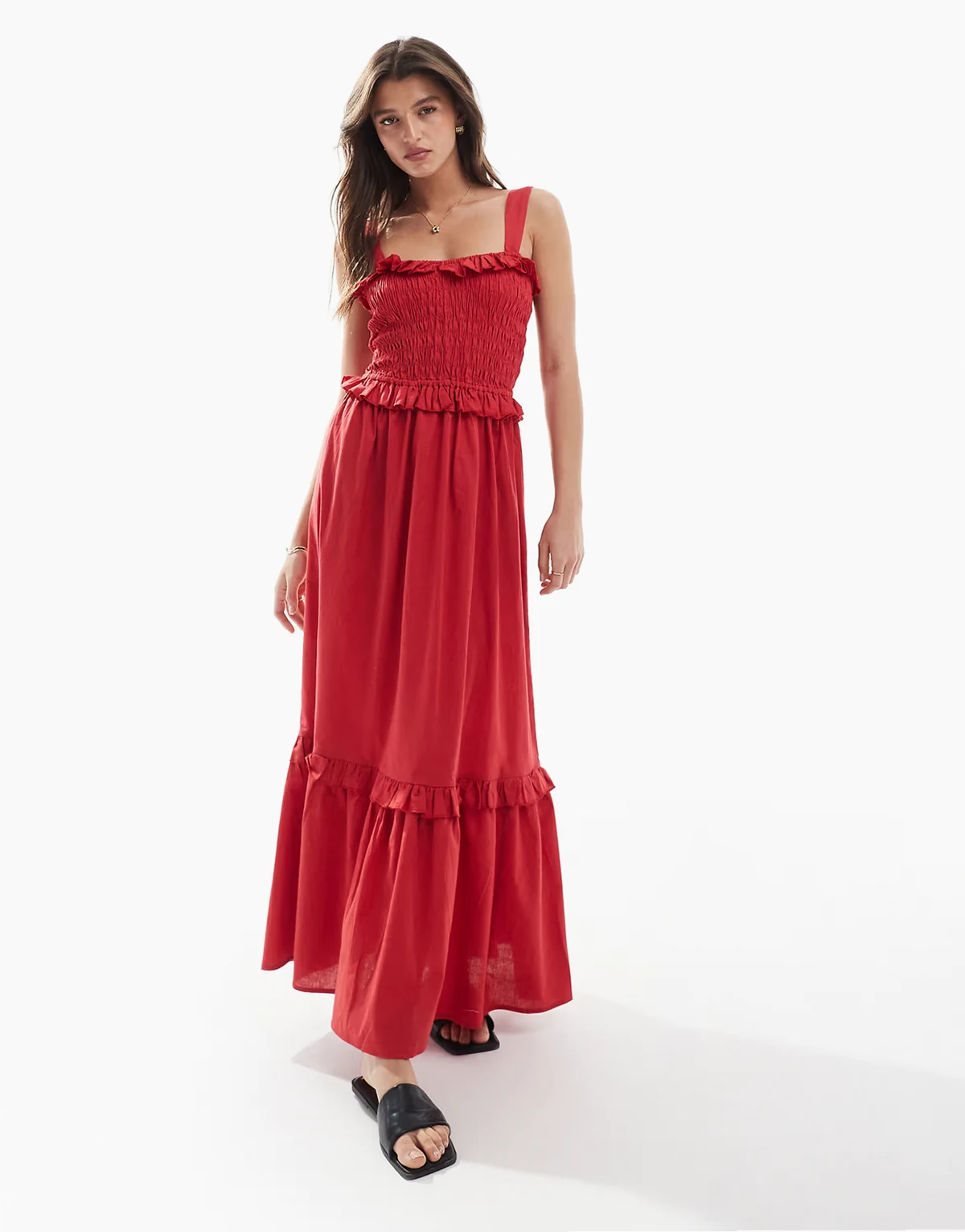 – Exclusive – Gesmoktes Maxi-Strandkleid in Rot mit Rüschenbesatz