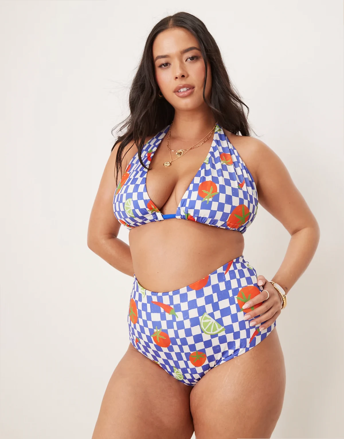 ASOS DESIGN Curve – Lucy – Niebieski dół od bikini z wysokim stanem we wzór w kratkę i chili