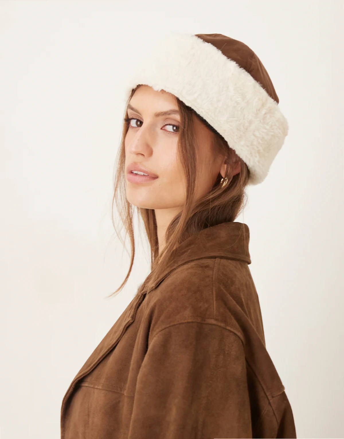 faux shearling ski beanie in brown