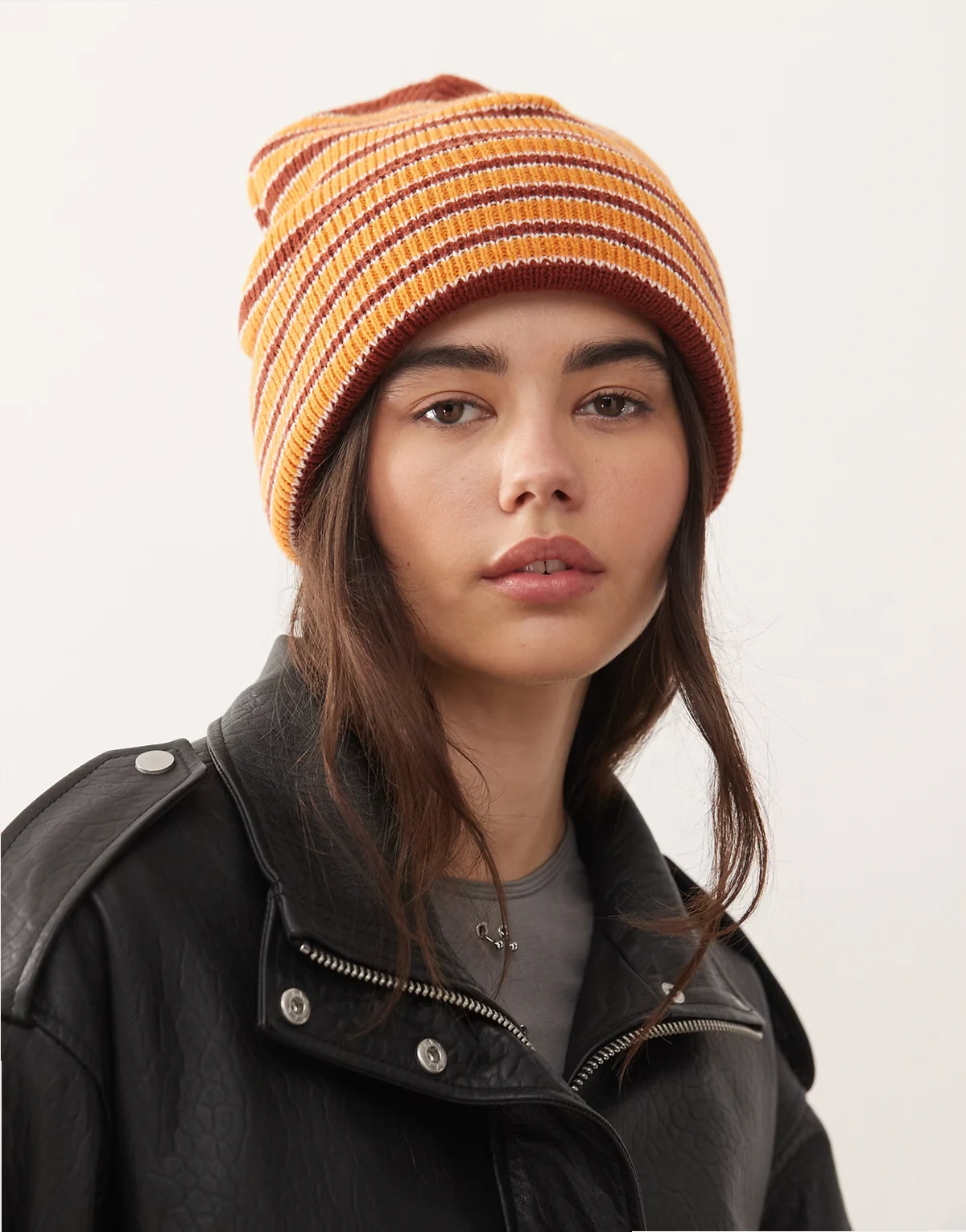 knit beanie in brown multi stripes