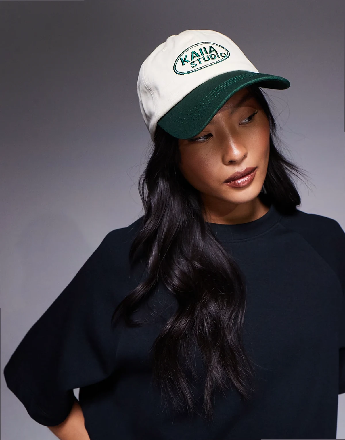 Studio cotton embroidered logo cap in cream and green