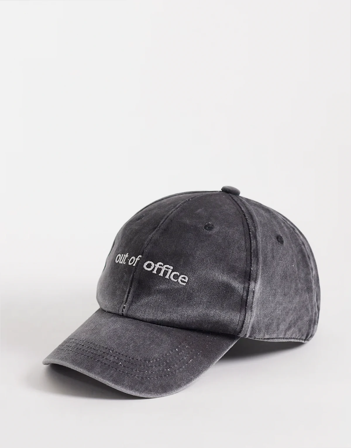 out of office slogan cap in black acid wash