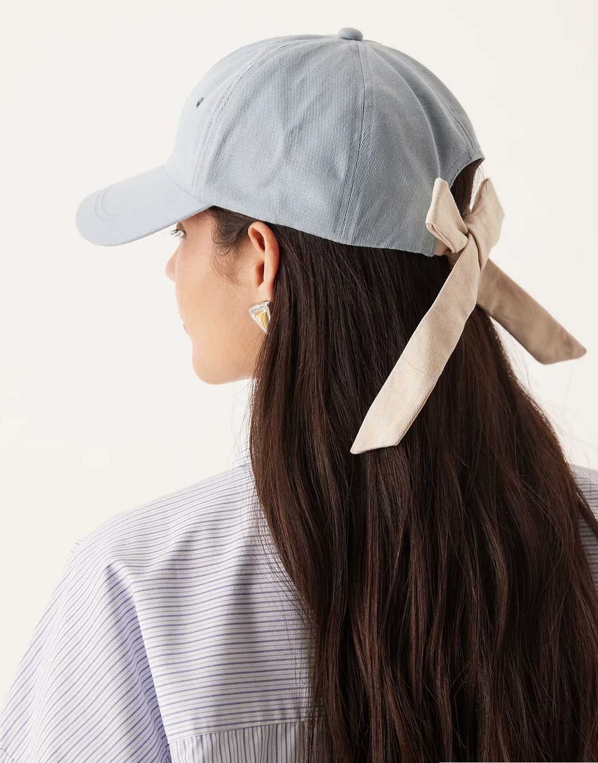 tie up back detail cap in washed blue