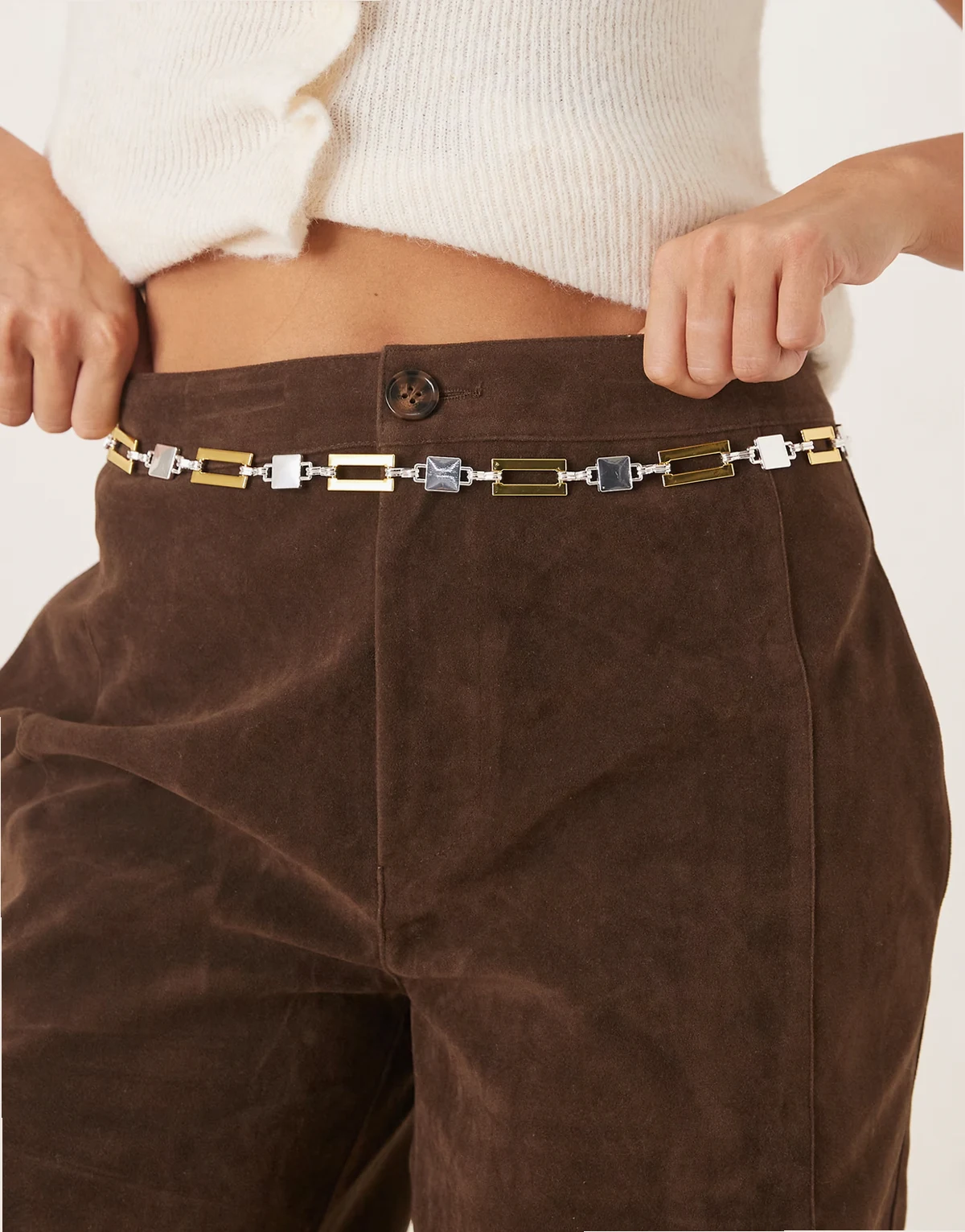square chain belt in mixed silver and gold tones
