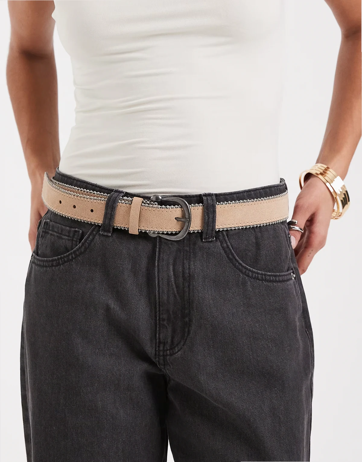 Teen studded belt with detailing in tan