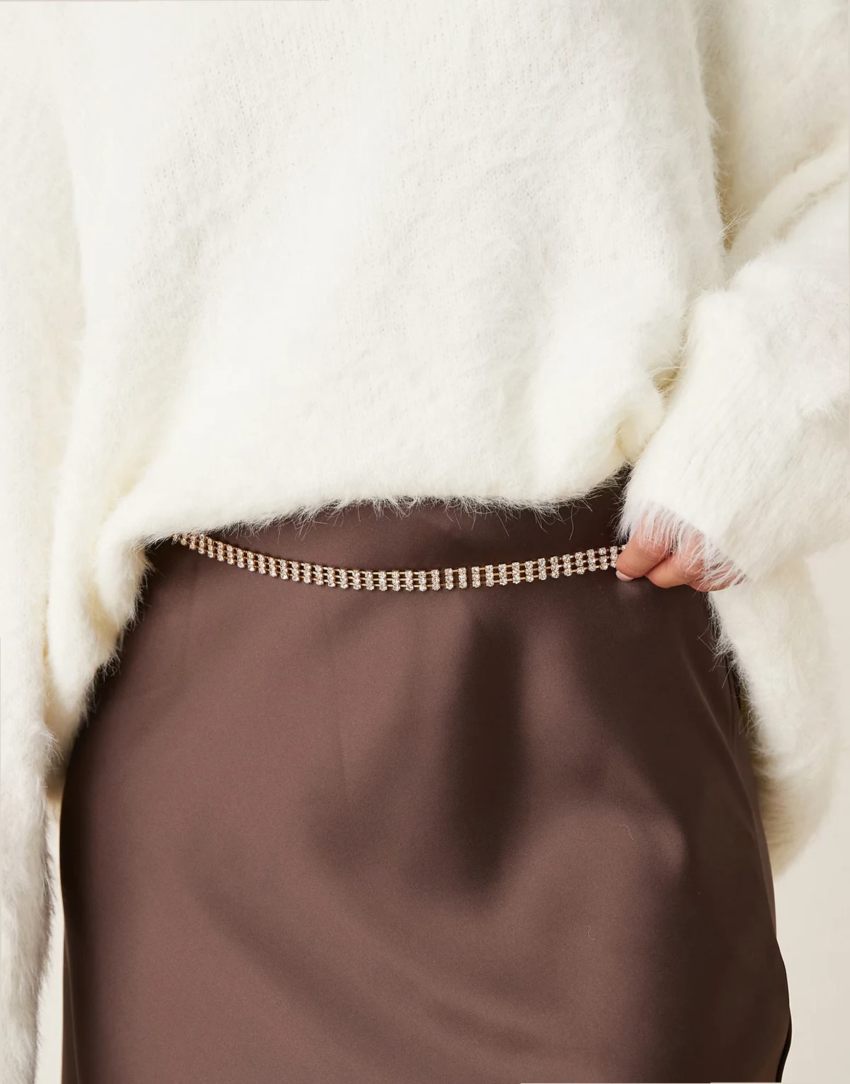 rhinestone embellished chain belt in gold tone