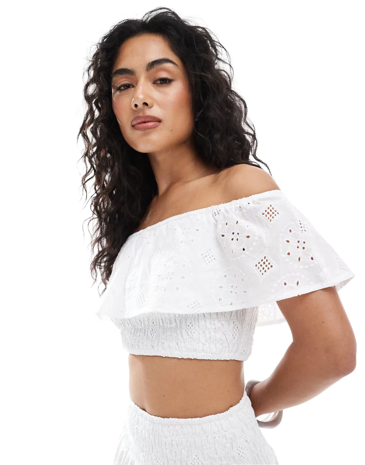 Esmee Exclusive off the shoulder eyelet beach crop top in white