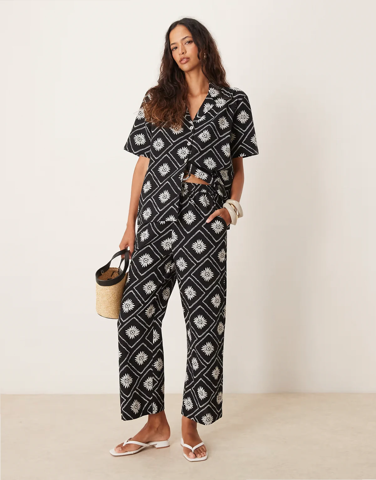 tile print loose fit beach pant in black and white - part of a set
