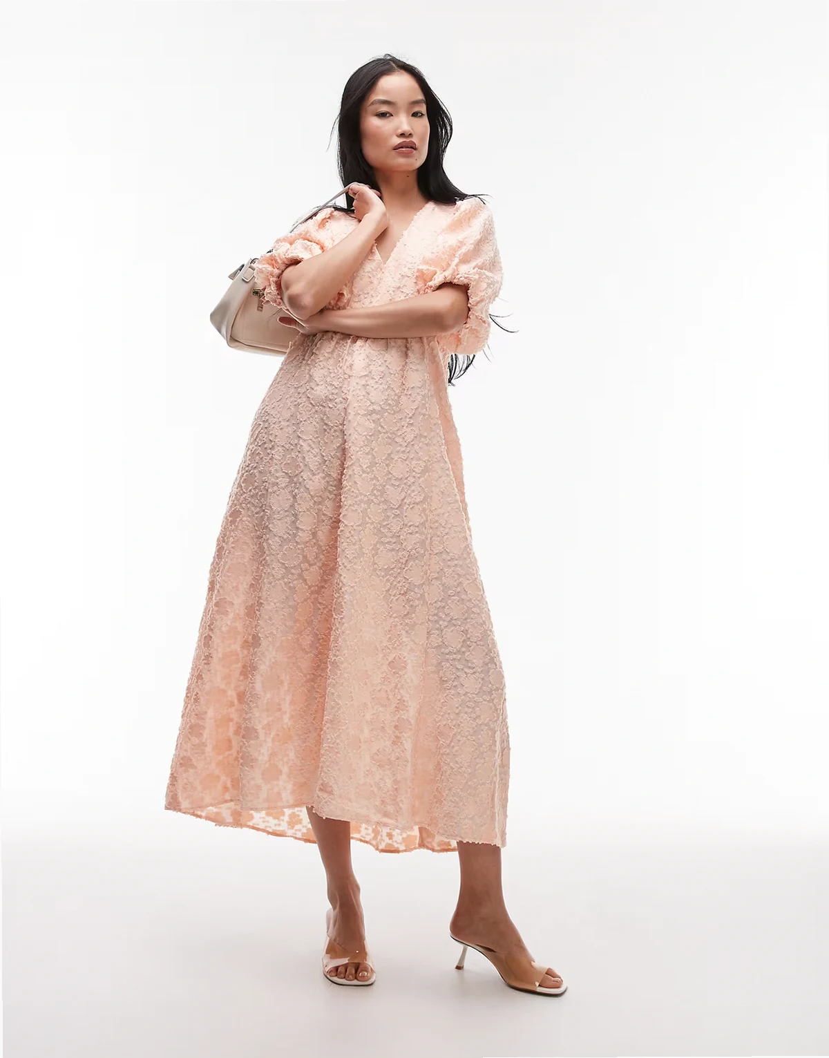 3D sheer jacquard maxi dress with volume sleeves in light orange