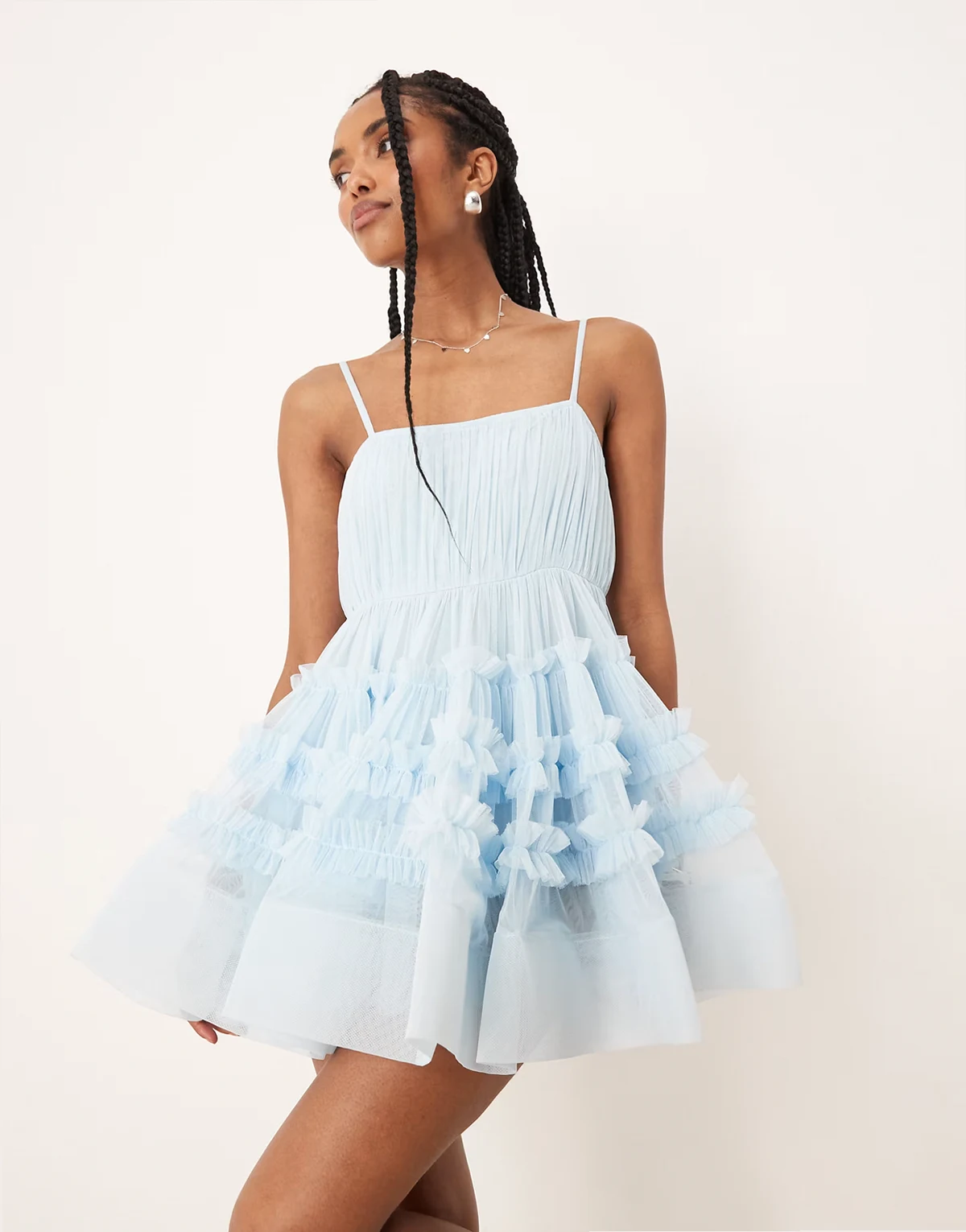 tulle ruffle babydoll bodysuit mini dress in baby blue