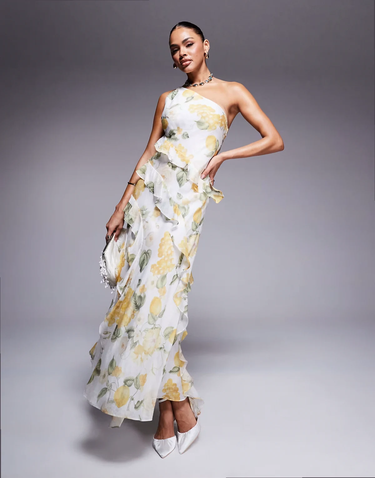 one shoulder ruffle maxi dress in yellow floral