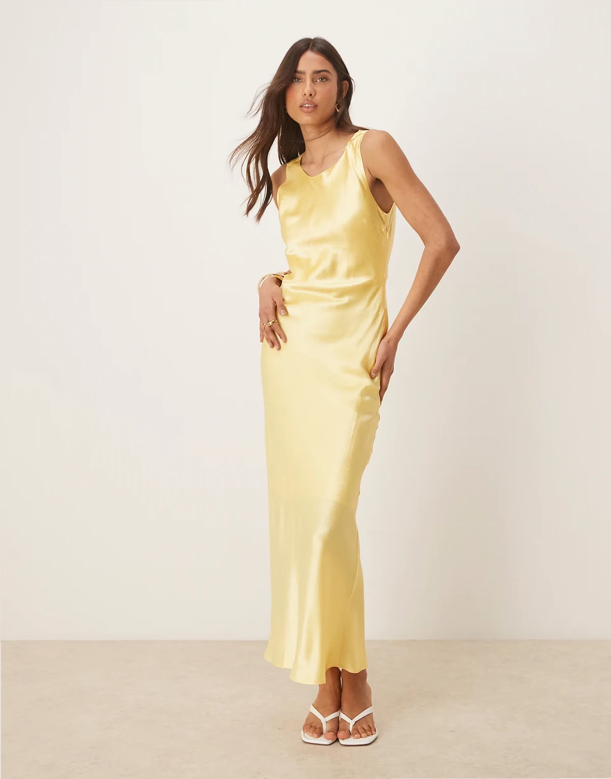 long satin sleeveless dress in yellow