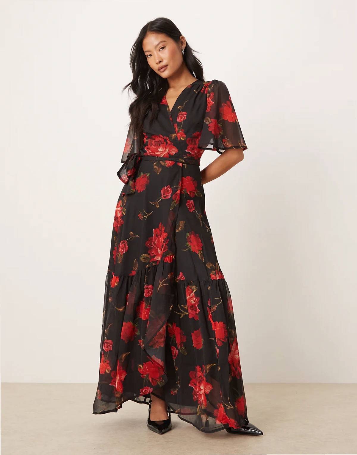 wrap front maxi dress in black and red floral