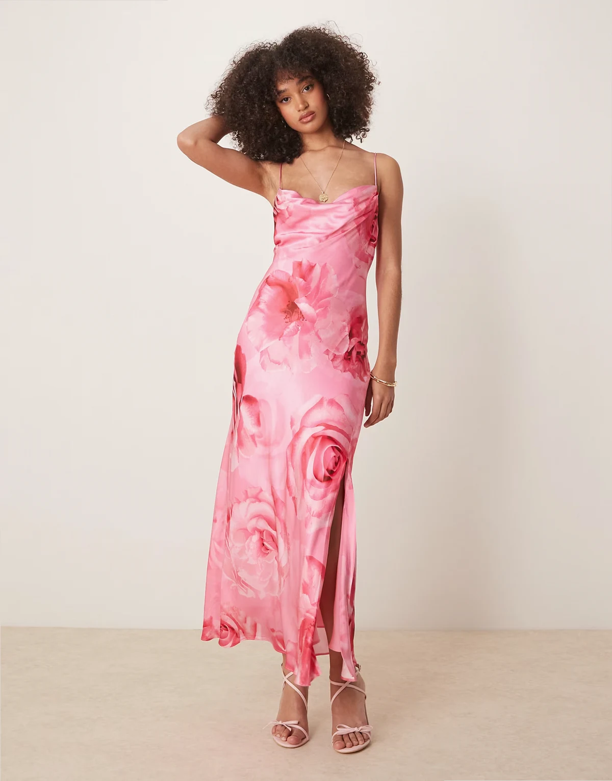 oversized rose print satin slip maxi dress in bright pink