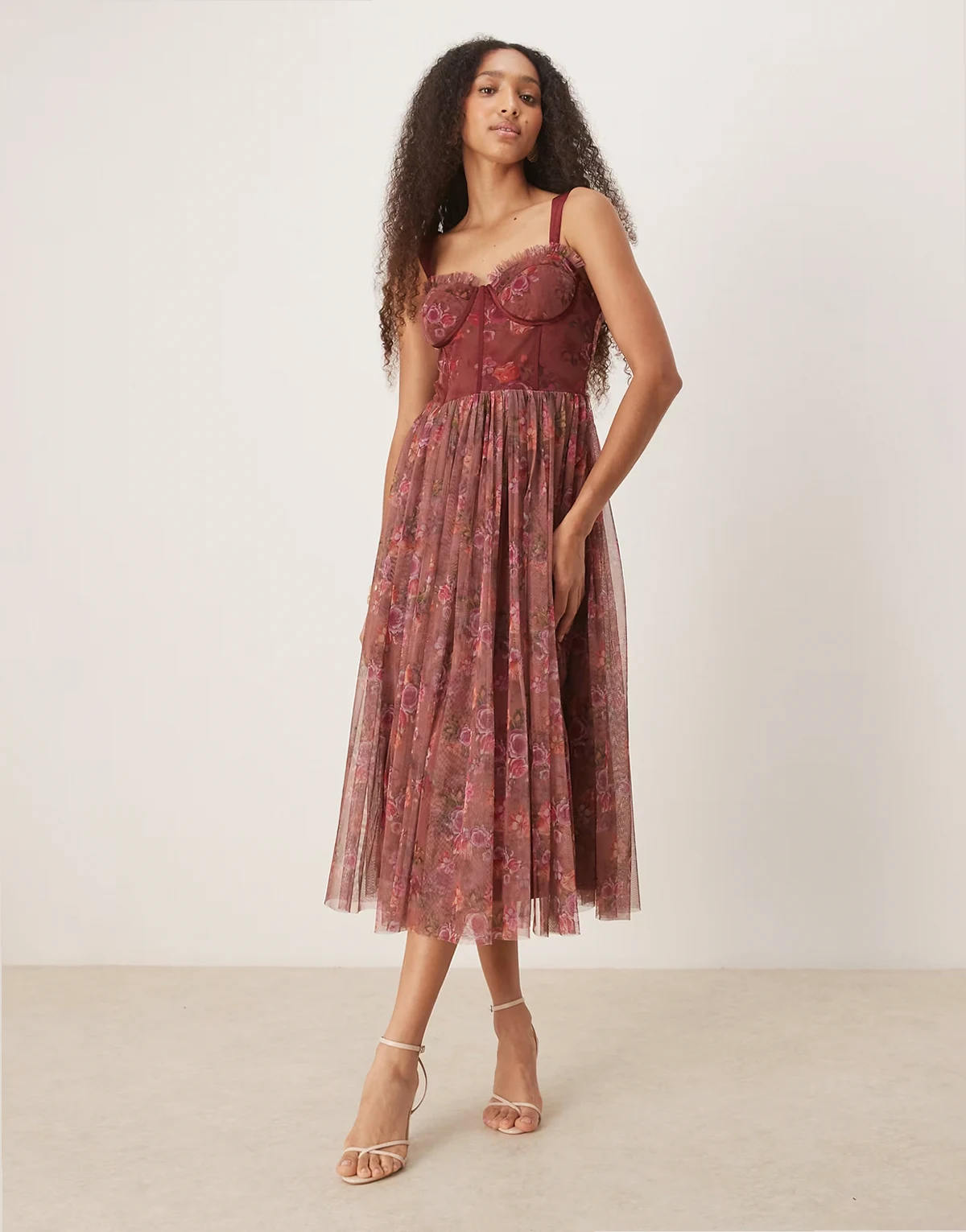 corset tulle midaxi dress in purple floral