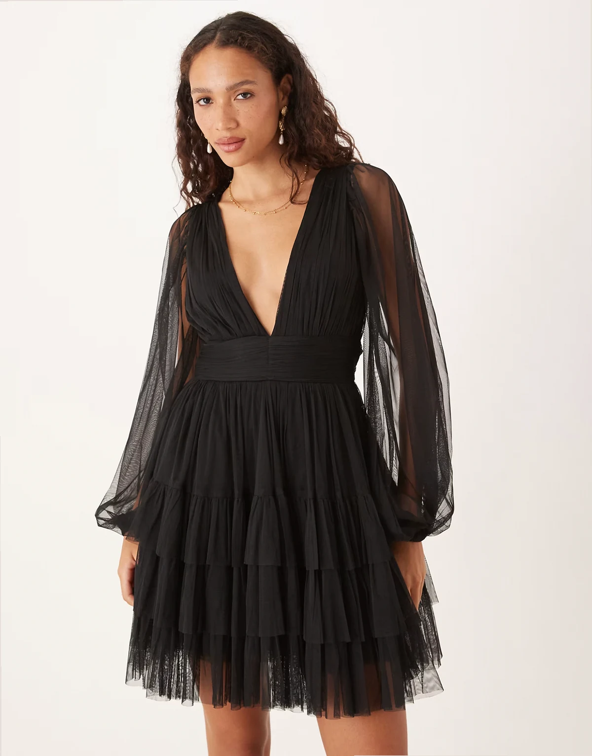 long sleeve plunge tiered tulle mini dress in black