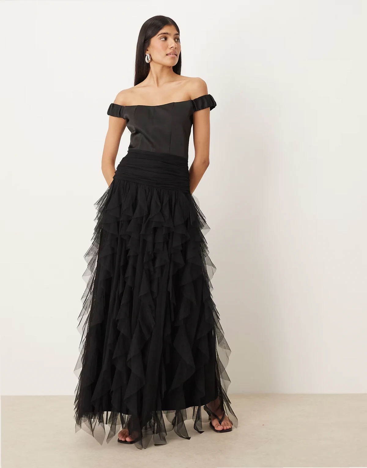 bardot drop hem ruffle maxi dress in black