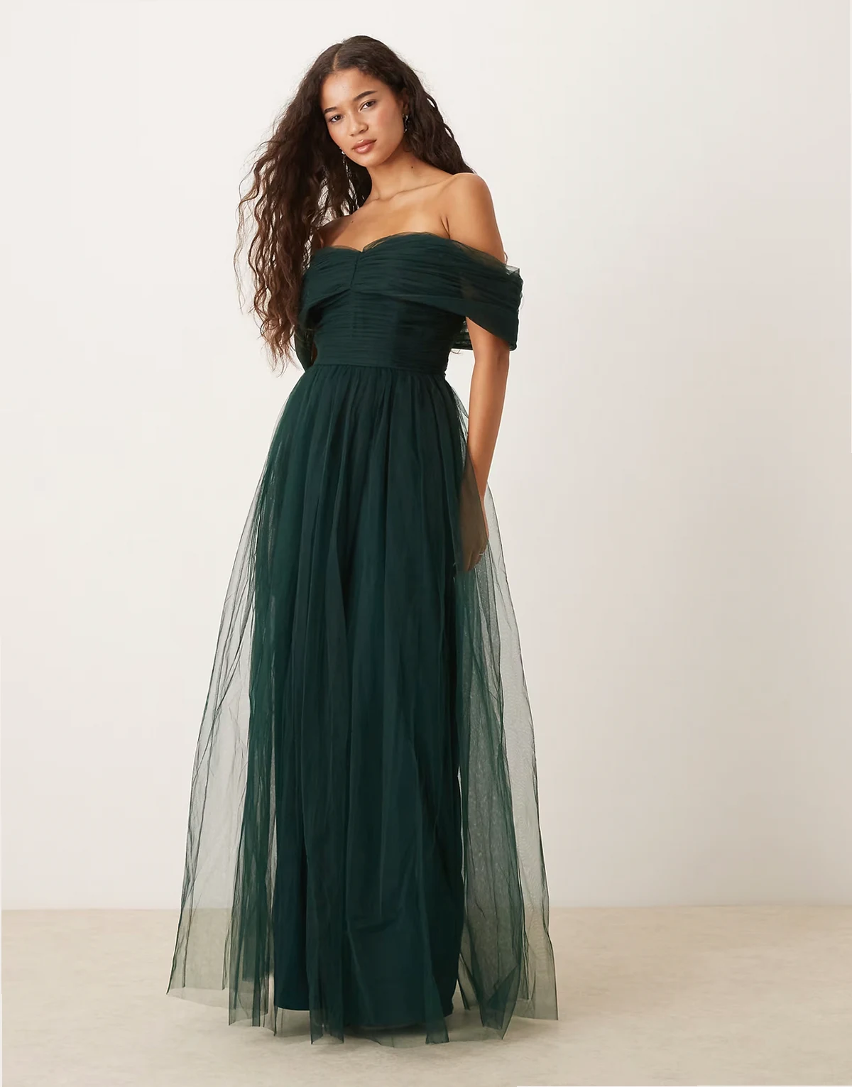 bow fallen shoulder maxi tulle dress in dark green