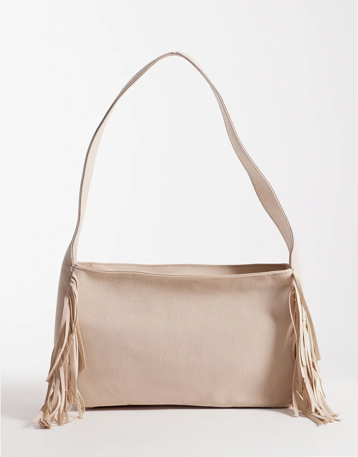 faux suede slouchy side fringe shoulder bag in cream