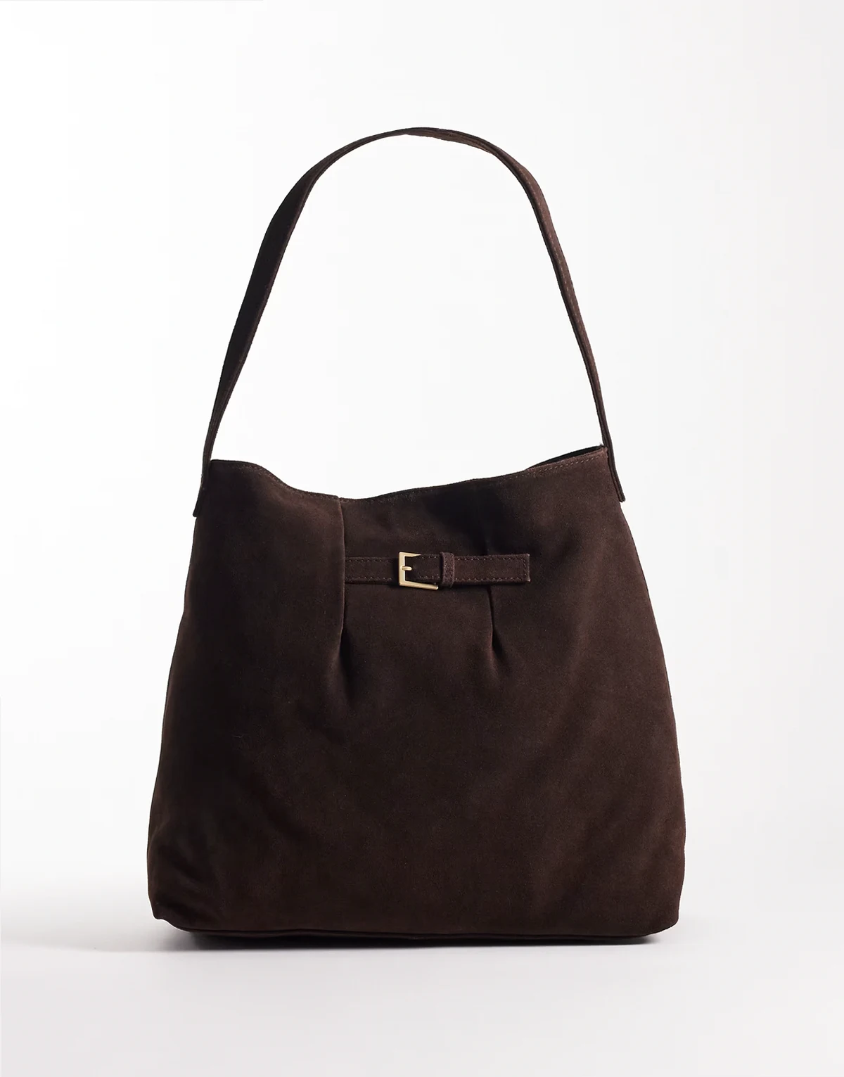 – Czekoladowa zamszowa torba typu tote z klamrą