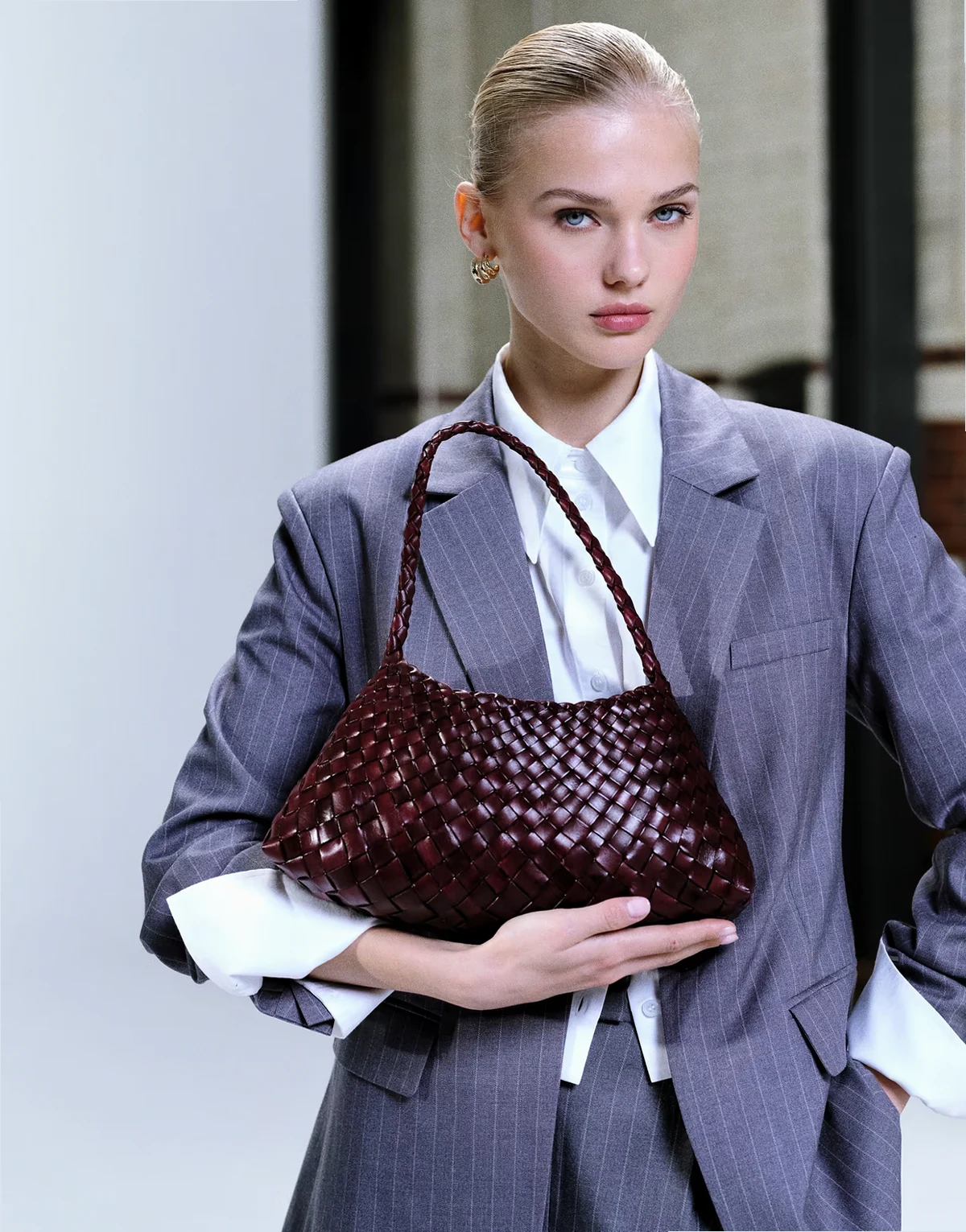 Rosanna woven leather shoulder bag in burgundy