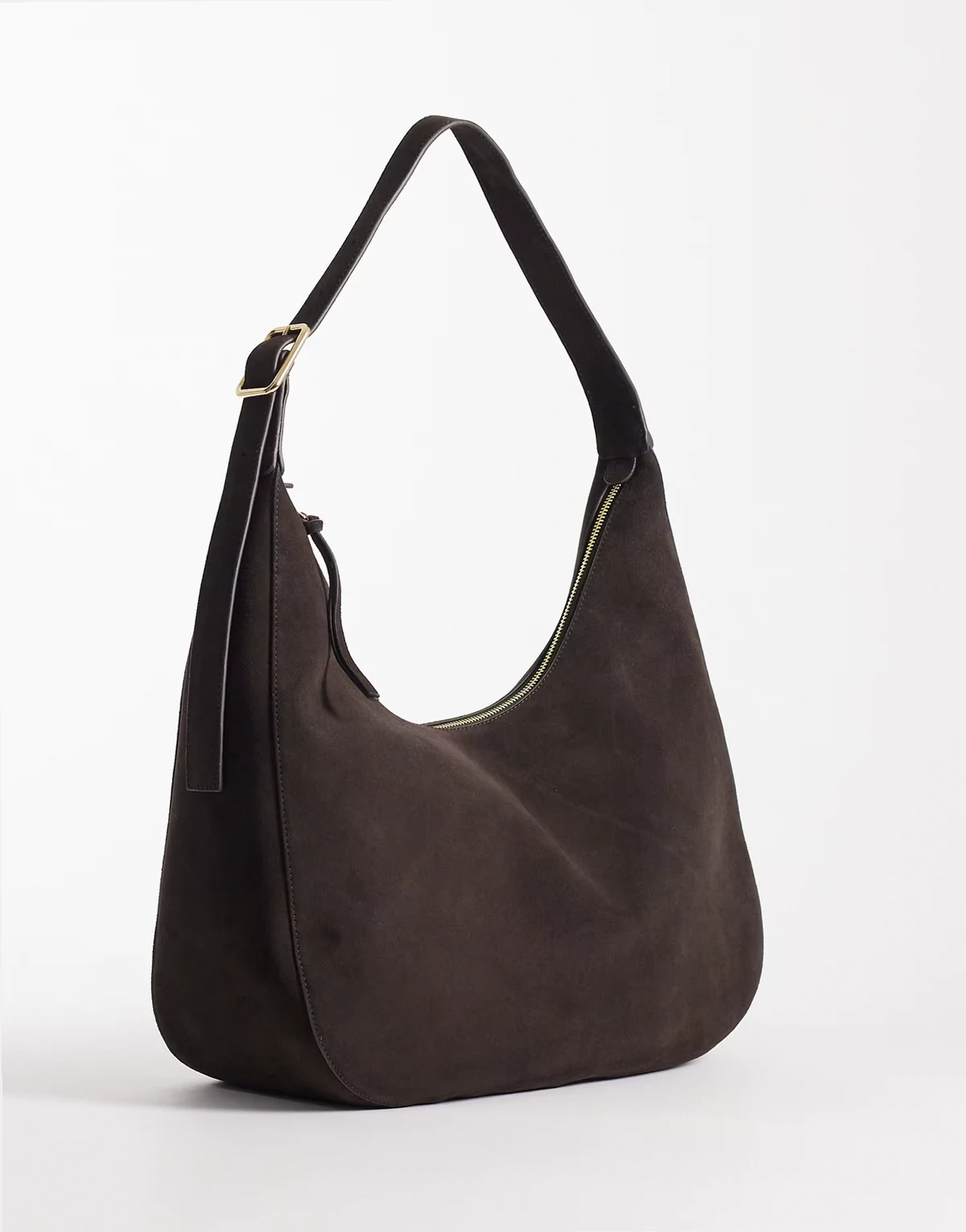 – Ciemnobrązowa luźna torebka na ramię z naturalnego zamszu