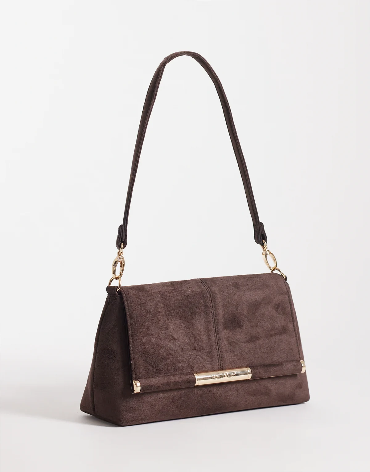 – Ciemnobrązowa kopertówka z paskiem z imitacji zamszu